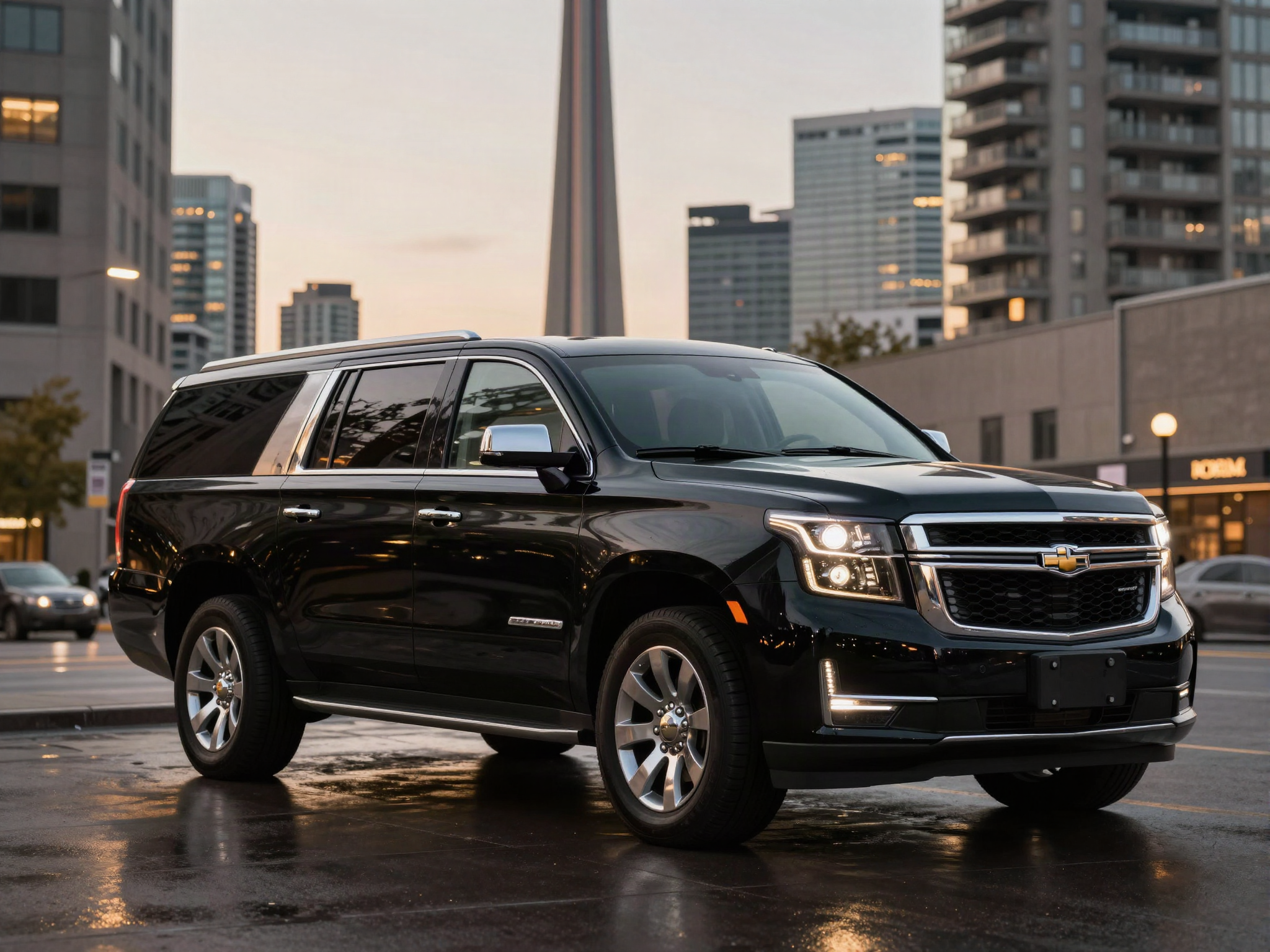 Black Chevrolet Suburban in downtown Toronto with the CN Tower behind it