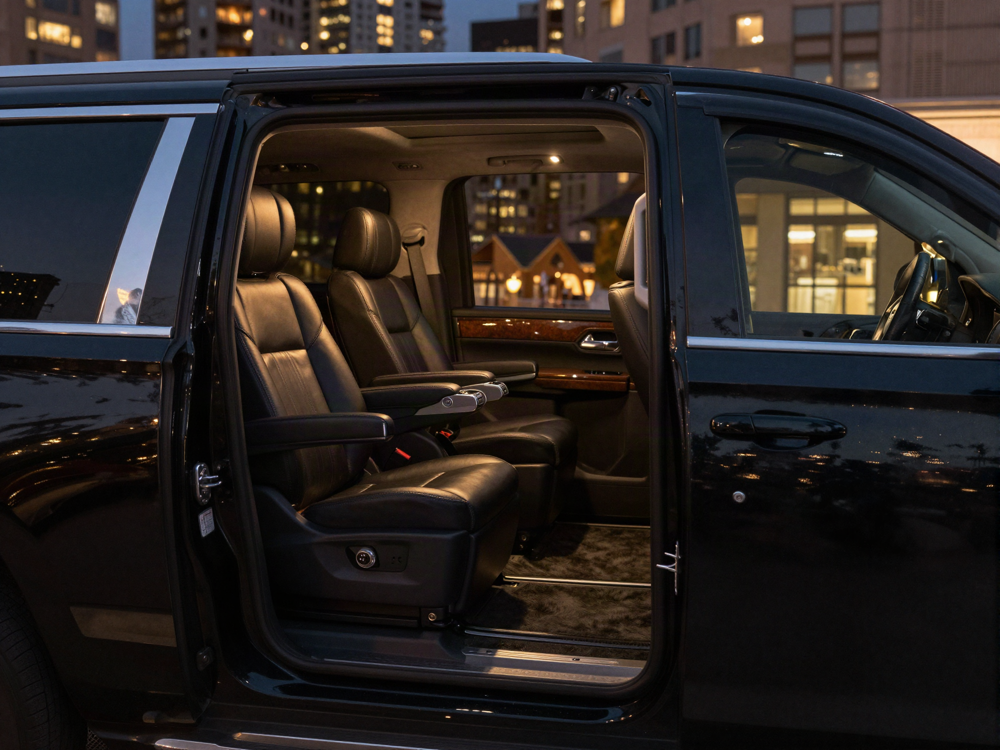 Black leather interior of a Chevrolet Suburban prepared for a private ride